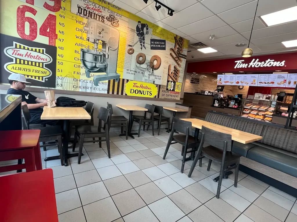 Tim Hortons storefront and interior at 6001 29th Ave, Beaumont, AB