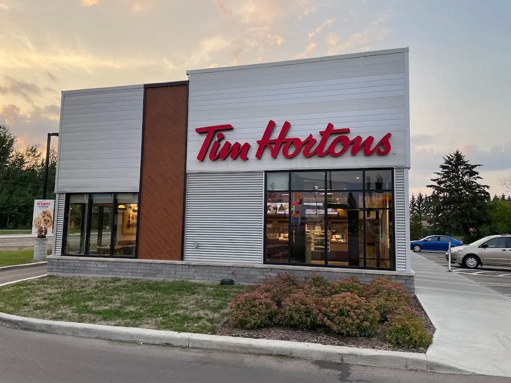 Tim Hortons storefront and interior at 9841 Winterburn Road, Edmonton, AB