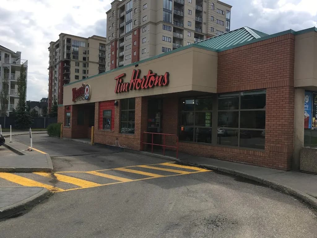 Tim Hortons storefront and interior at 10365 111 St, Edmonton, AB