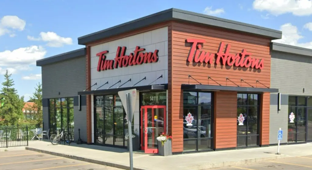 Tim Hortons storefront and interior at 14111 28 Ave Sw, Edmonton, AB