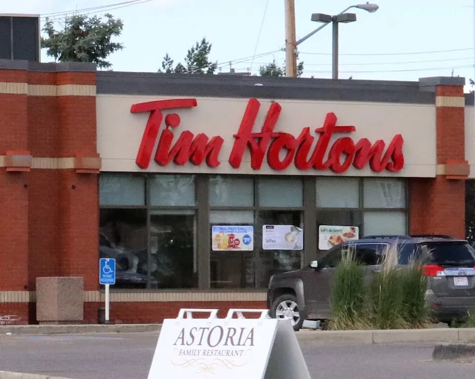 Tim Hortons storefront and interior at 5508 46th St, Olds, AB