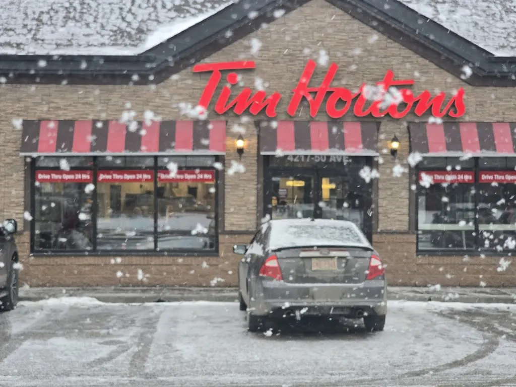 Tim Hortons storefront and interior at 4217 50th Ave, Red Deer, AB