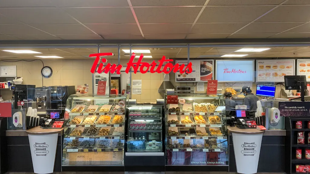 Tim Hortons storefront and interior at 8888 University Dr, Burnaby, BC