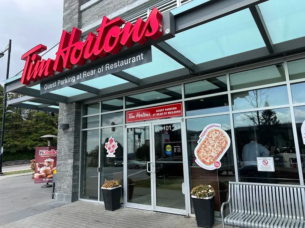 Tim Hortons storefront and interior at 101-955 Austin Ave, Coquitlam, BC