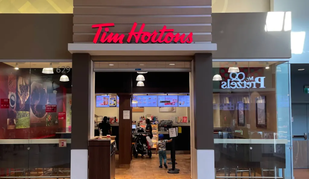 Tim Hortons storefront and interior at 629 - 5000 Canoe Pass Way, Delta, BC