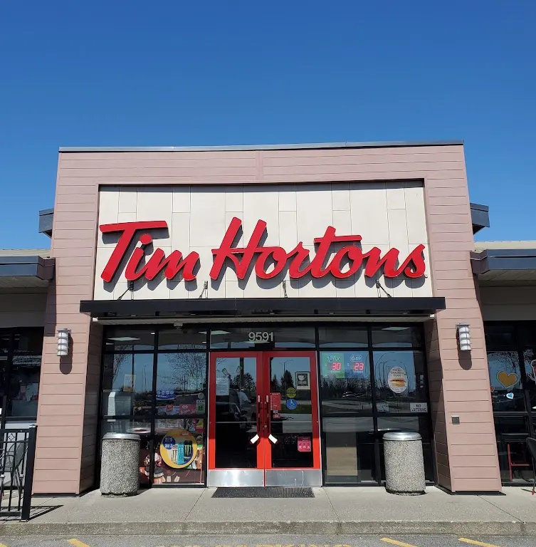 Tim Hortons storefront and interior at 9591 Ladner Trunk Rd, Delta, BC