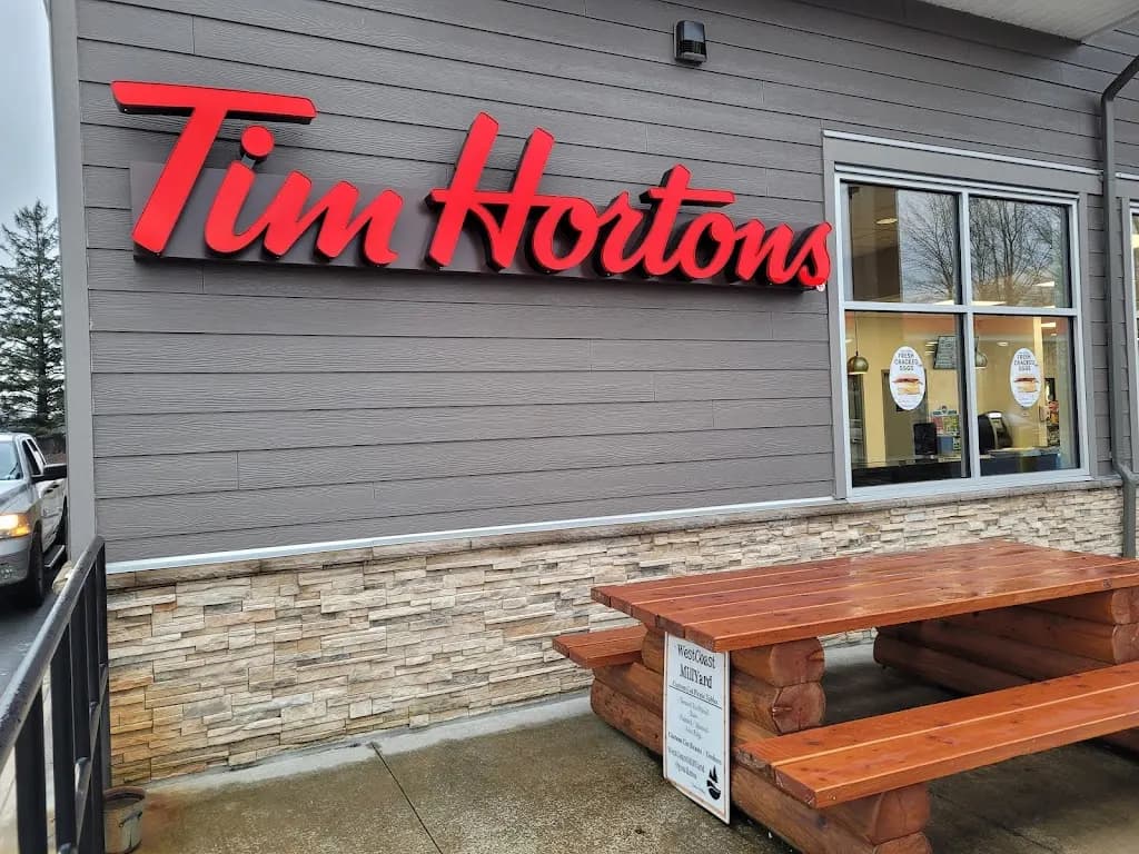 Tim Hortons storefront and interior at 41350 Lougheed Highway, Deroche, BC