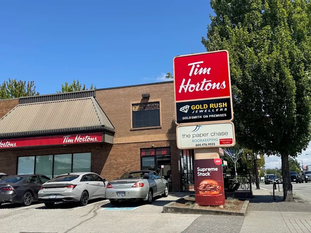 Tim Hortons storefront and interior at 19875 96 Ave, Langley, BC