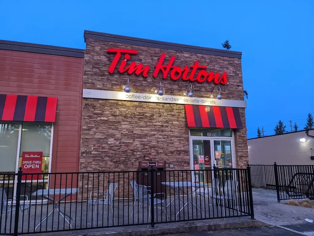 Tim Hortons storefront and interior at 11951 240 Street, Maple Ridge, BC