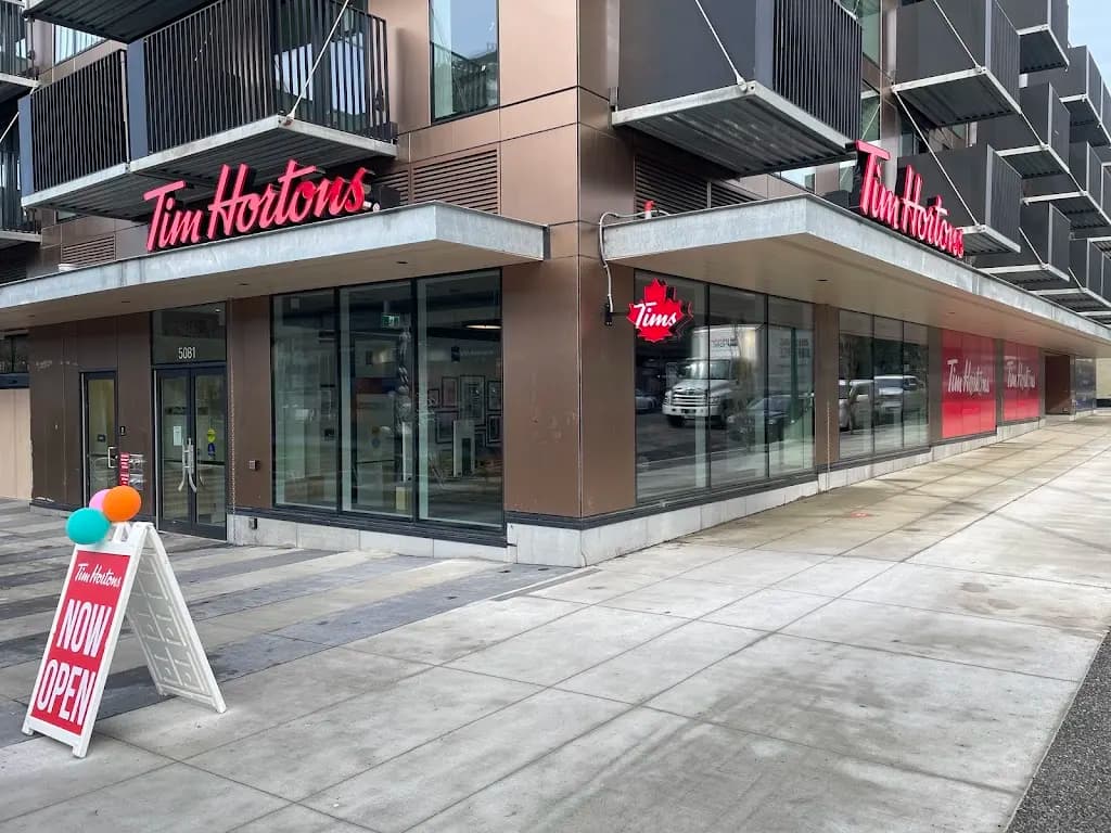 Tim Hortons storefront and interior at 5081 - Joyce St, Vancouver, BC