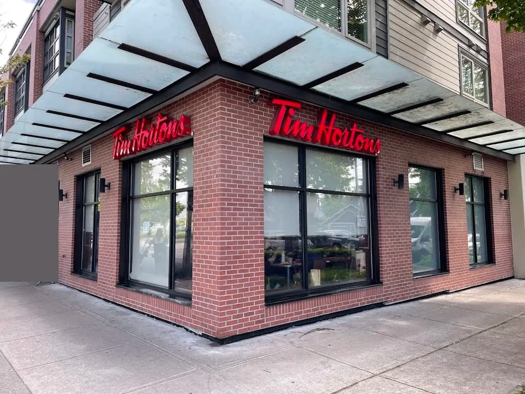 Tim Hortons storefront and interior at 5896 Fraser St, Vancouver, BC
