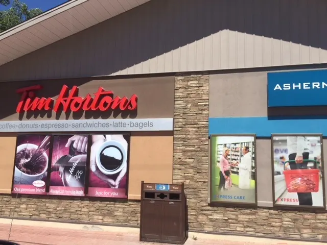 Tim Hortons storefront and interior at 43 Main St, Ashern, MB
