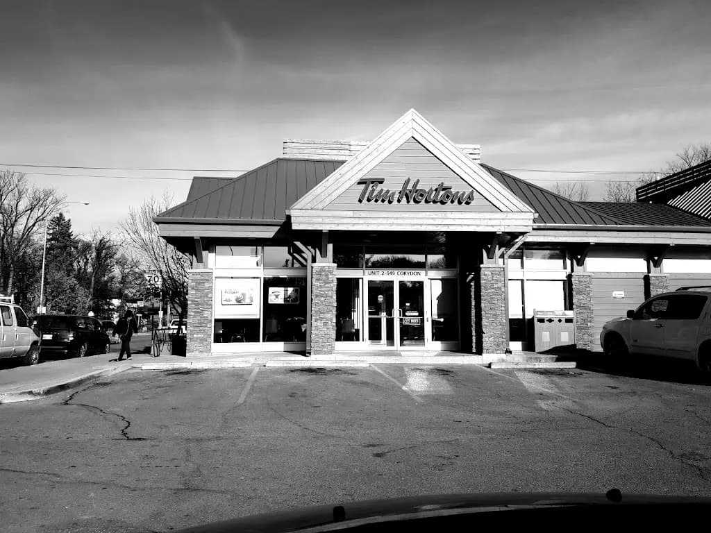 Tim Hortons storefront and interior at 949 Corydon Ave, Winnipeg, MB
