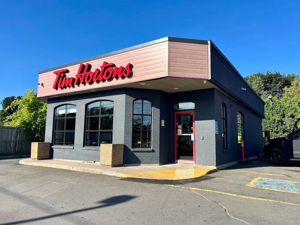 Tim Hortons storefront and interior at 245-247 Canada St, Fredericton, NB