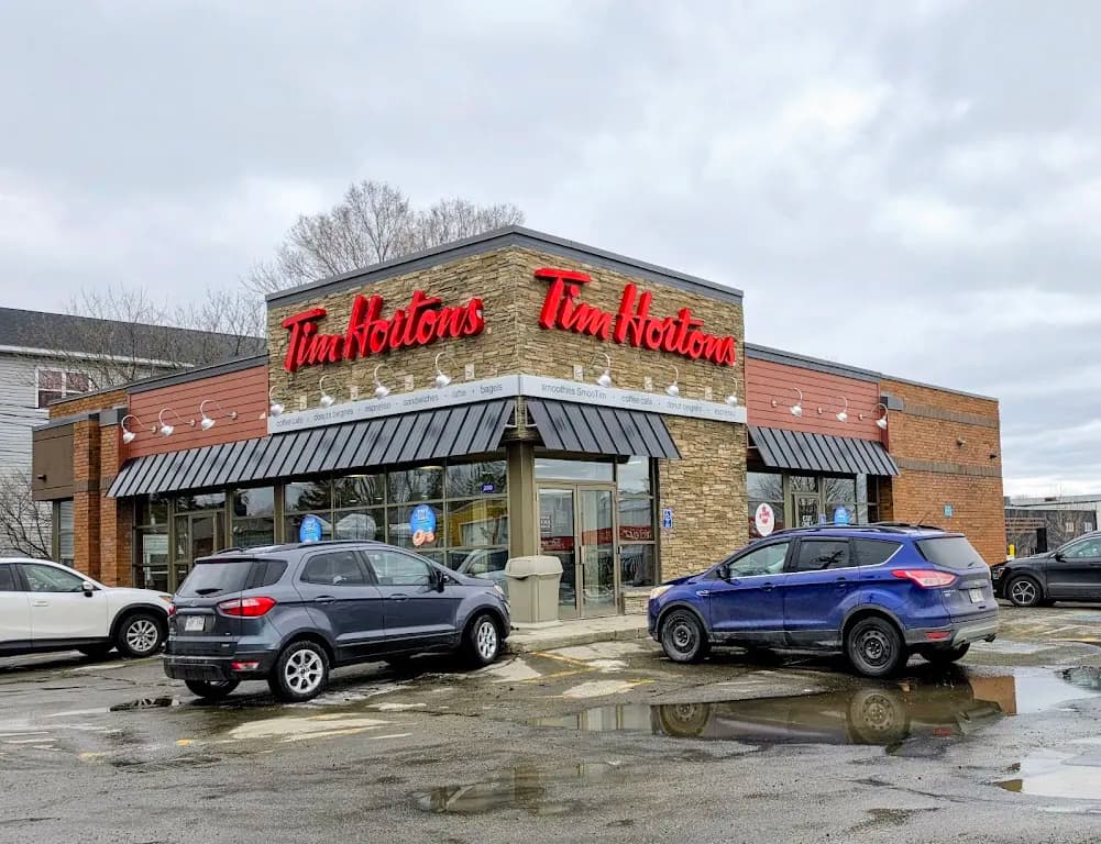 Tim Hortons storefront and interior at 290 Main St, Fredericton, NB