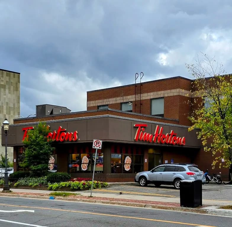Tim Hortons storefront and interior at 612 King St, Fredericton, NB