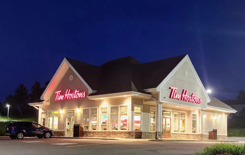 Tim Hortons storefront and interior at 470 Main St, Hampton, NB