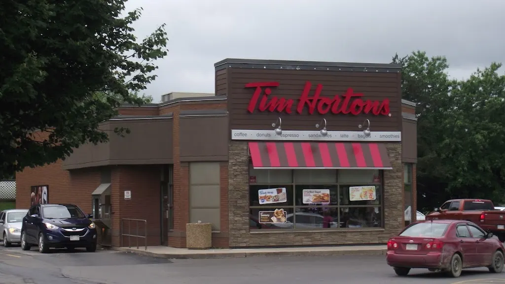 Tim Hortons storefront and interior at 4 Union St, Minto, NB
