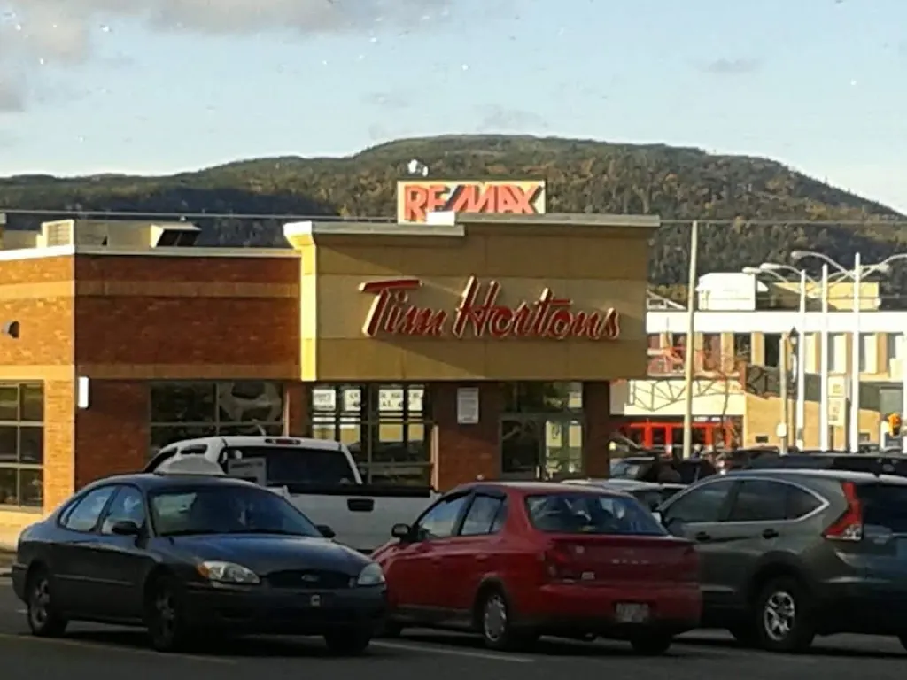 Tim Hortons storefront and interior at 1 Mount Bernard Ave, Corner Brook, NL
