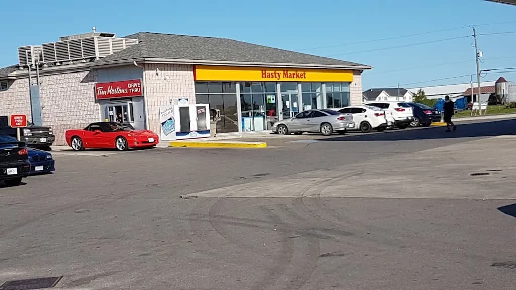Tim Hortons storefront and interior at 4894 County Rd 50, Alliston, ON