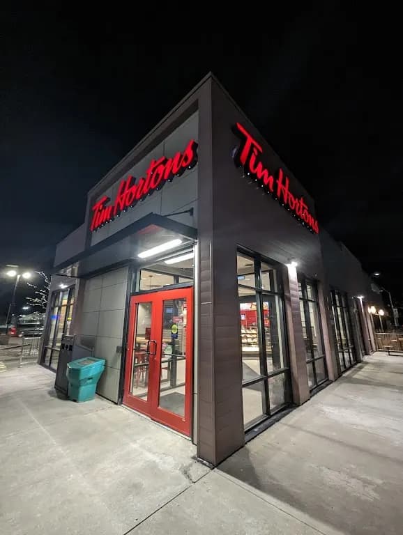 Tim Hortons storefront and interior at 95 Portia Drive, Ancaster, ON