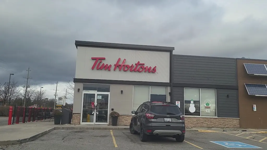 Tim Hortons storefront and interior at 1180 Hwy # 2, Ancaster, ON