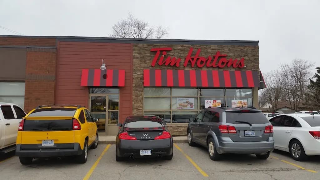 Tim Hortons storefront and interior at 374 John St North, Aylmer, ON
