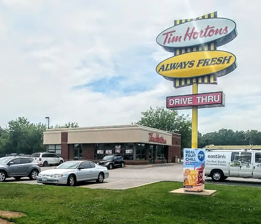 Tim Hortons storefront and interior at 503 Talbot St W, Aylmer, ON
