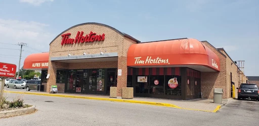 Tim Hortons storefront and interior at 201 Cundles Rd E, Barrie, ON
