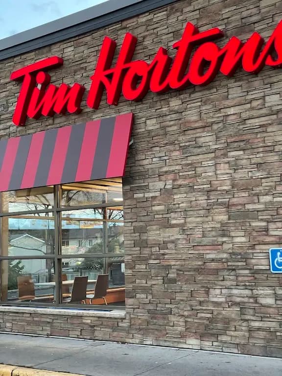 Tim Hortons storefront and interior at 354 Bayfield St, Barrie, ON