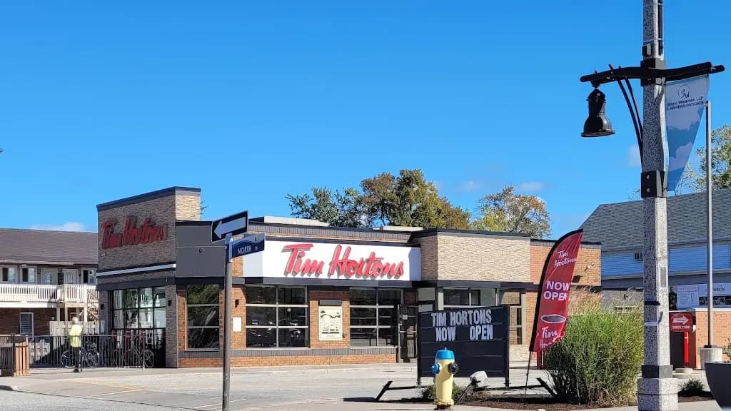 Tim Hortons storefront and interior at 581 Notre Dame, Belle River, ON