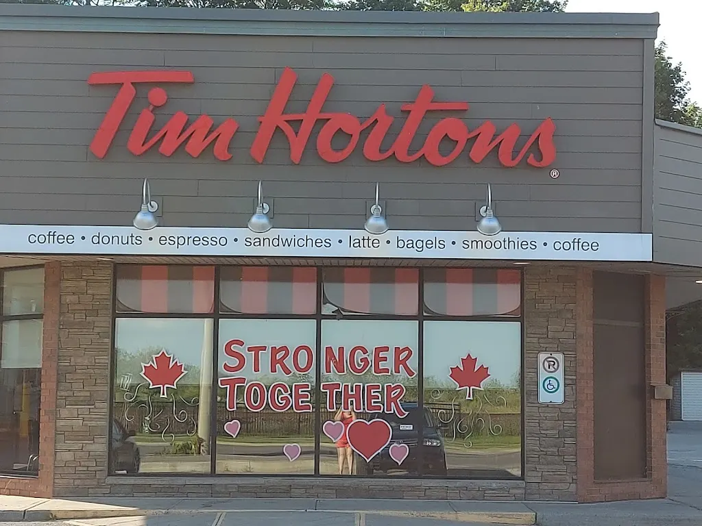 Tim Hortons storefront and interior at 48 Dundas St W, Belleville, ON