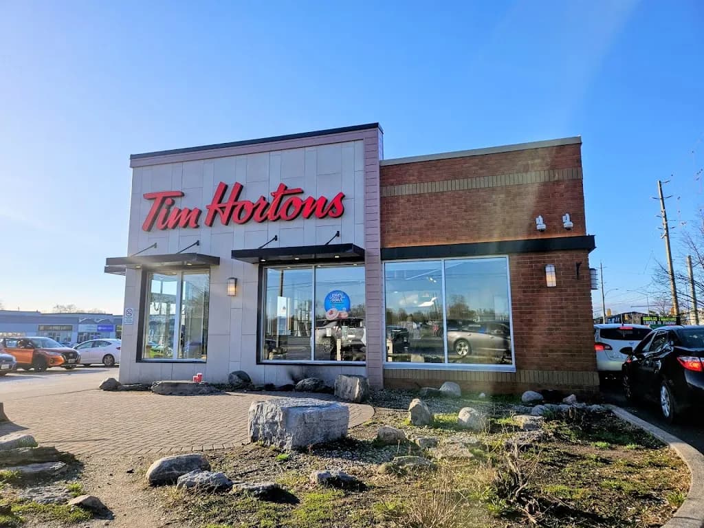 Tim Hortons storefront and interior at 161 Bridge St, Belleville, ON