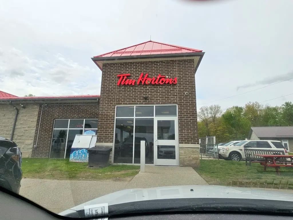 Tim Hortons storefront and interior at 22374 Little John Rd, Bothwell, ON