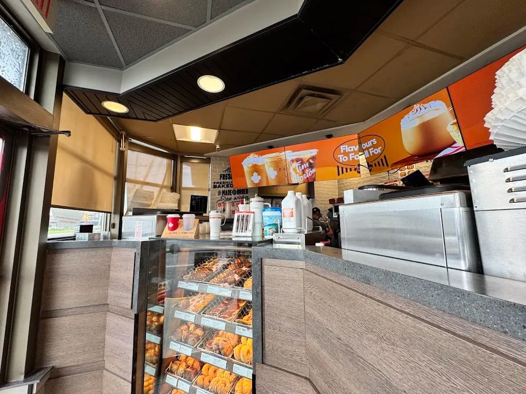 Tim Hortons storefront and interior at 185 Bridge St, Bradford, ON