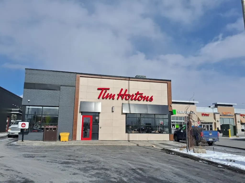 Tim Hortons storefront and interior at 152 West Dr, Brampton, ON