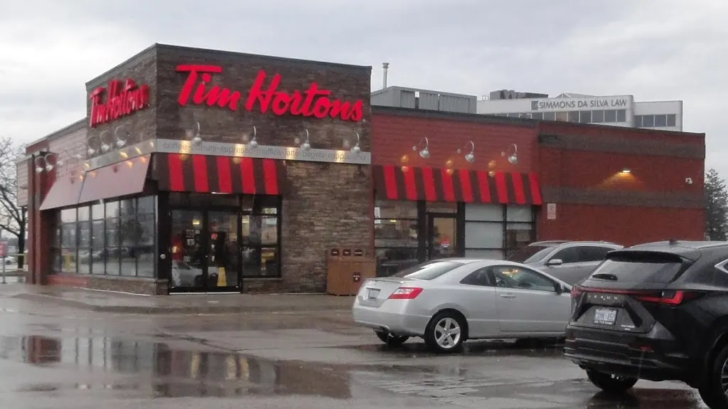 Tim Hortons storefront and interior at 202 County Court Blvd, Brampton, ON