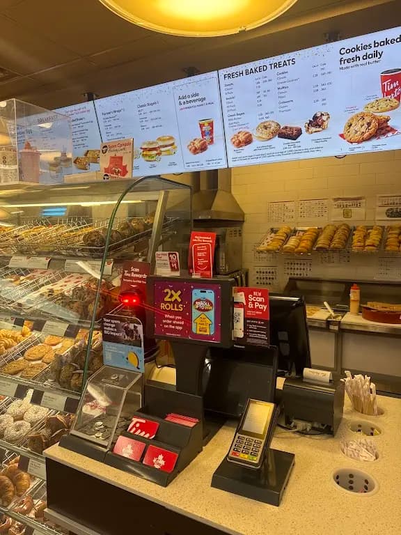 Tim Hortons storefront and interior at 7970 Mavis Rd, Brampton, ON