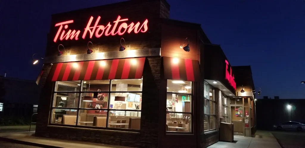 Tim Hortons storefront and interior at 7988 Torbram Rd, Brampton, ON