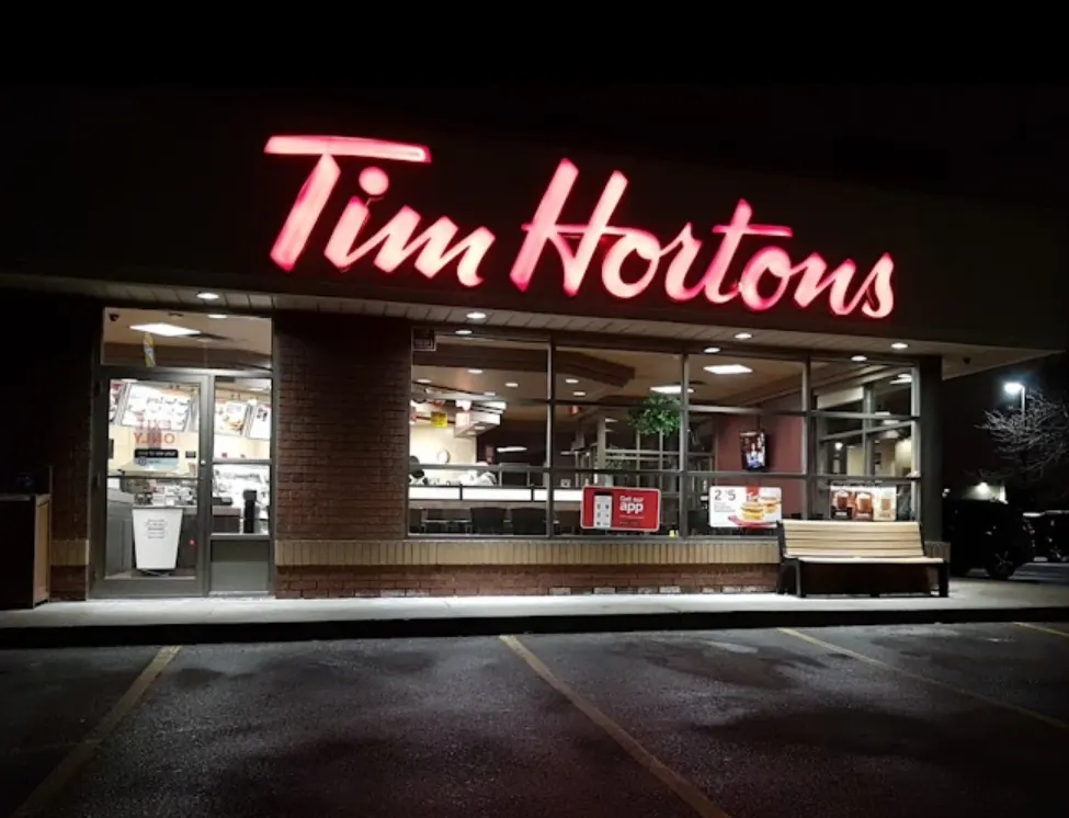 Tim Hortons storefront and interior at 10606 Heartlake Rd, Brampton, ON