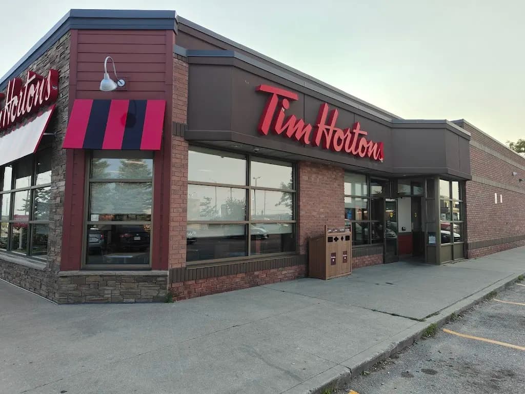 Tim Hortons storefront and interior at 5998 Mayfield Rd, Caledon, ON