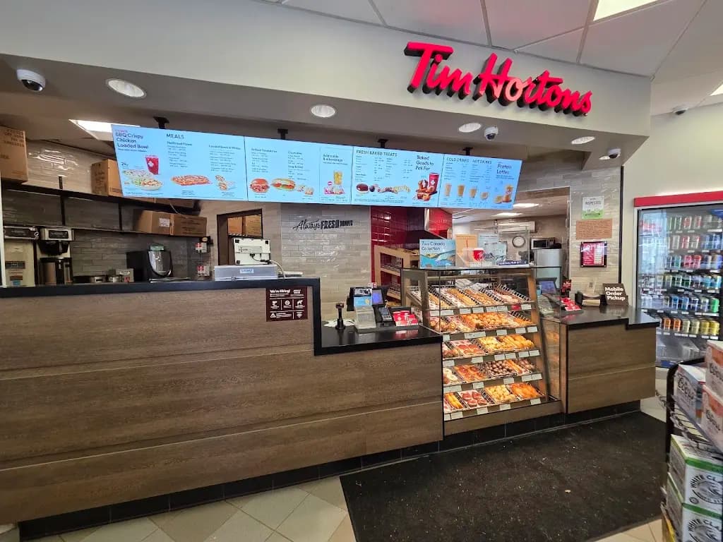 Tim Hortons storefront and interior at 9710 Hwy 9, Caledon, ON