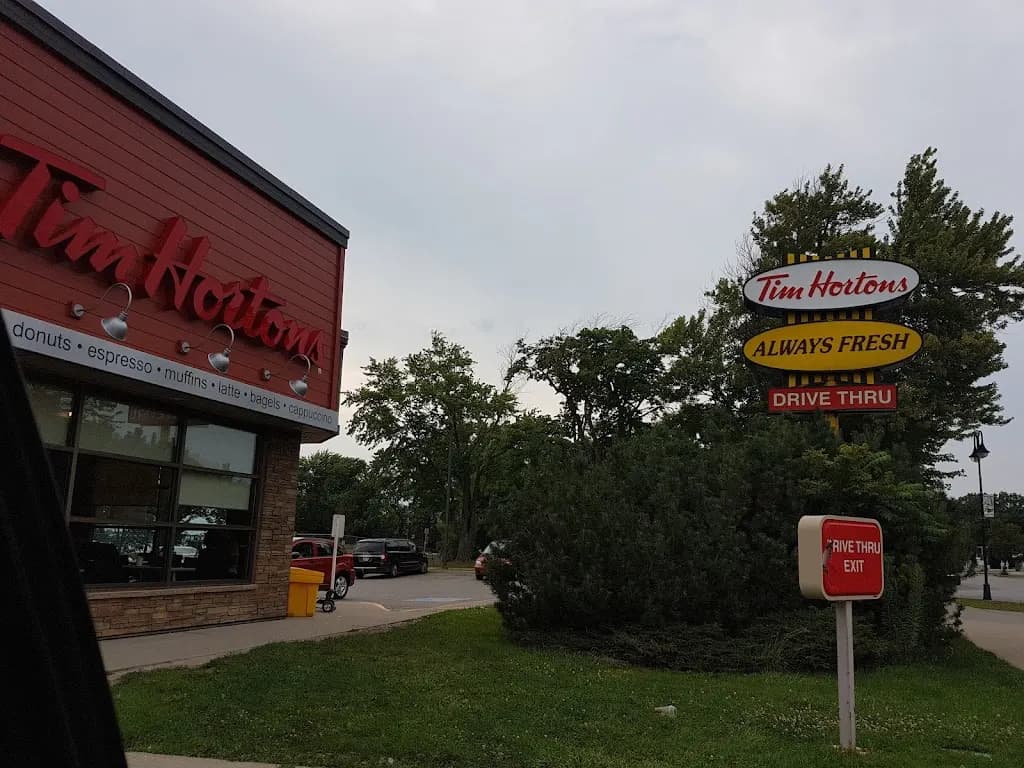 Tim Hortons storefront and interior at 373 Lyndoch St, Corunna, ON