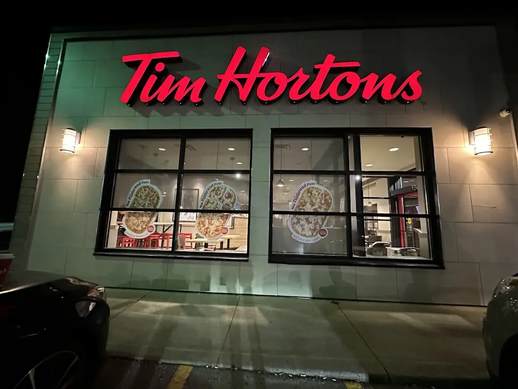 Tim Hortons storefront and interior at 526 James St, Delhi, ON