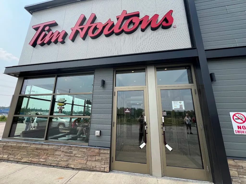 Tim Hortons storefront and interior at 655 Government St, Dryden, ON