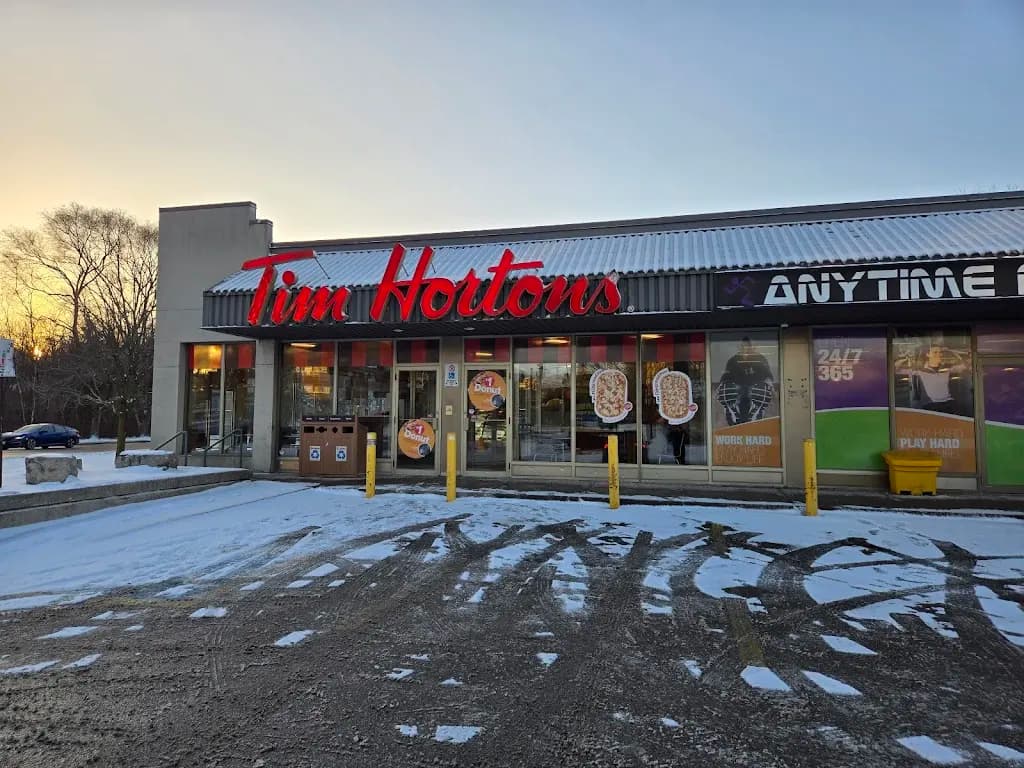 Tim Hortons storefront and interior at 94 Main St, Dundas, ON