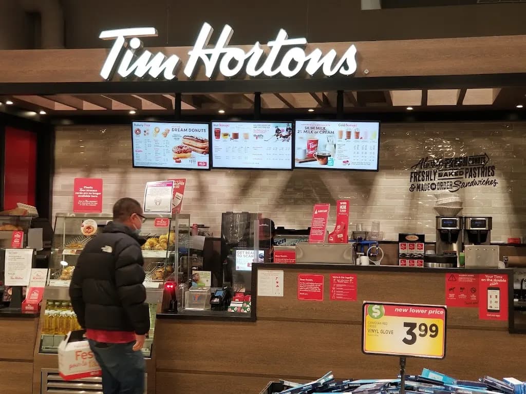 Tim Hortons storefront and interior at 3003 Danforth Ave, East York, ON