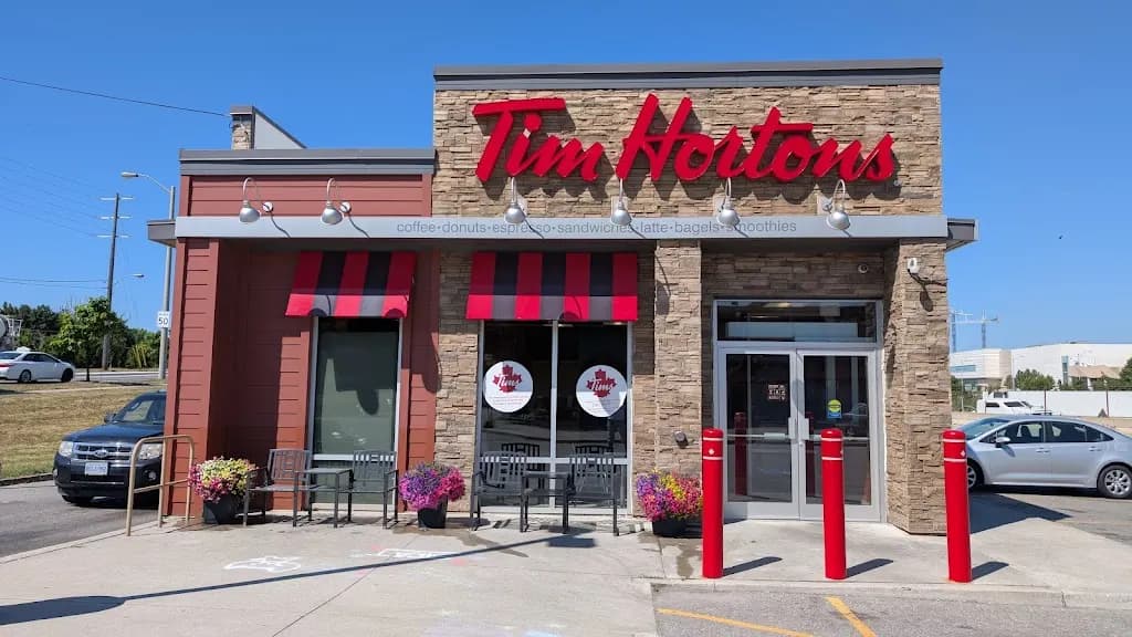 Tim Hortons storefront and interior at 660 Evans Avenue, Etobicoke, ON