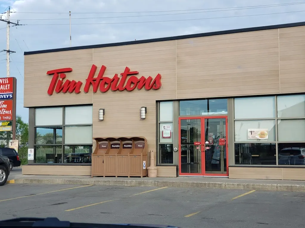 Tim Hortons storefront and interior at 3 Windward Dr, Grimsby, ON