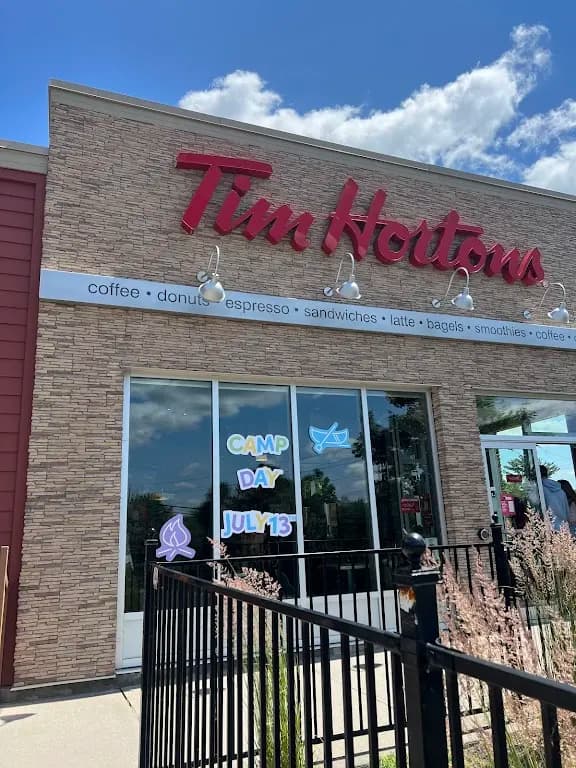 Tim Hortons storefront and interior at 5003 County Rd 21, Haliburton, ON